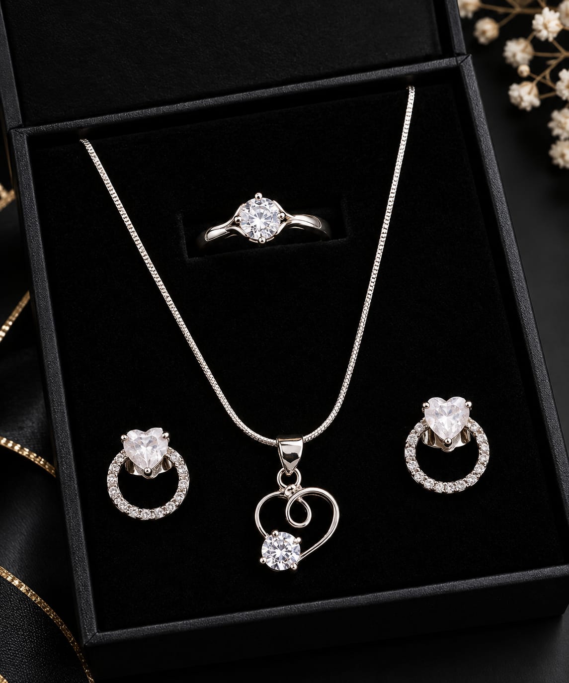 Heart Pendant Necklace, Earrings & Ring Set