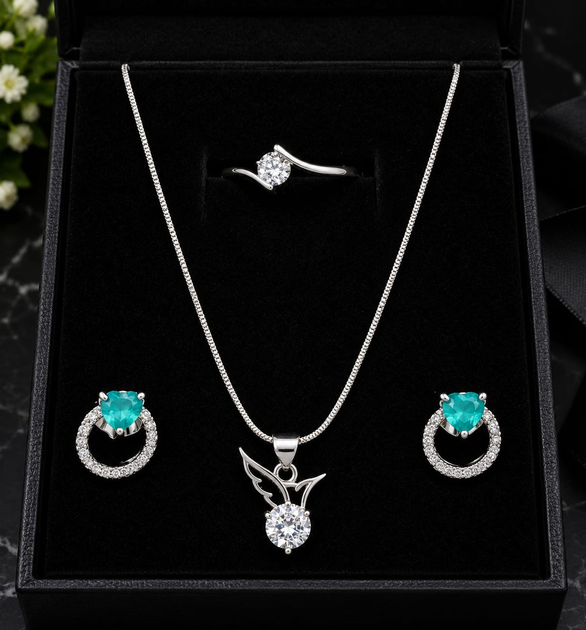 Turquoise Butterfly & Wing Crystal Jewelry Set – Necklace, Earrings & Ring