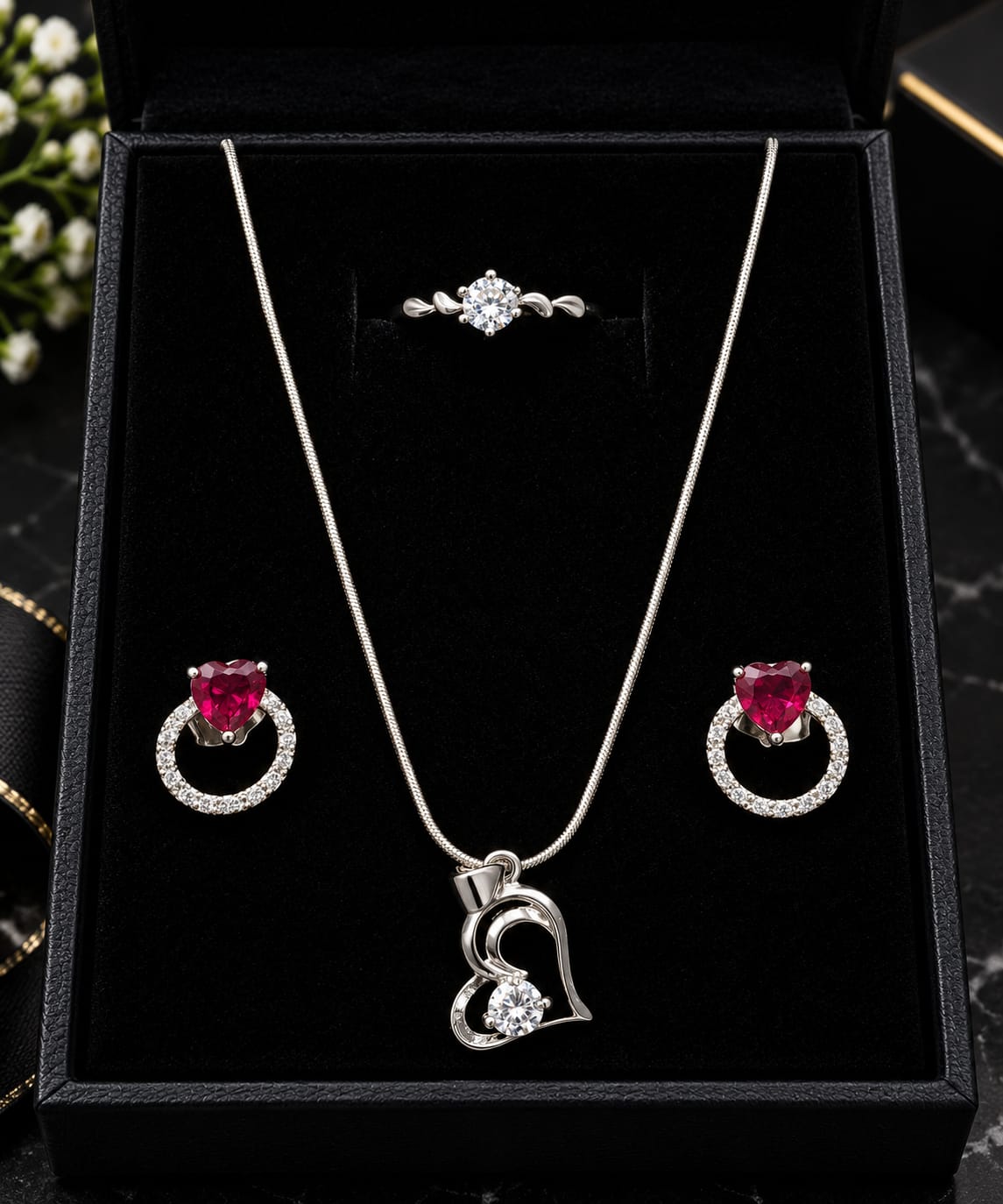 Elegant Red Heart Crystal Jewelry Set