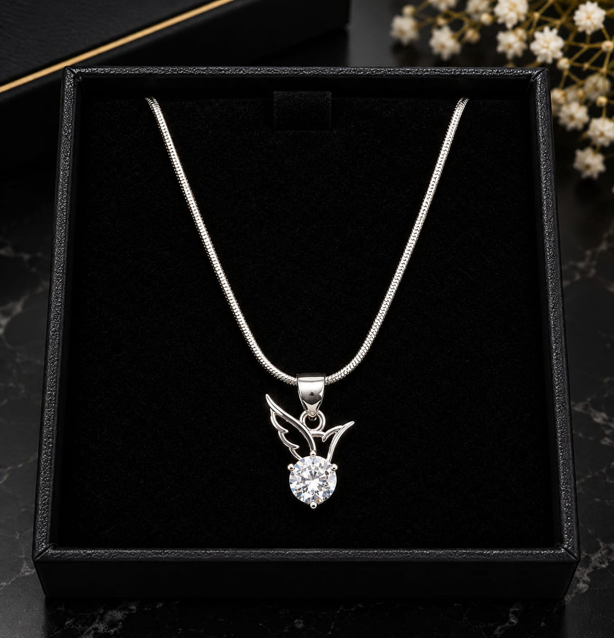 Silver Angel Wing Crystal Pendant Necklace