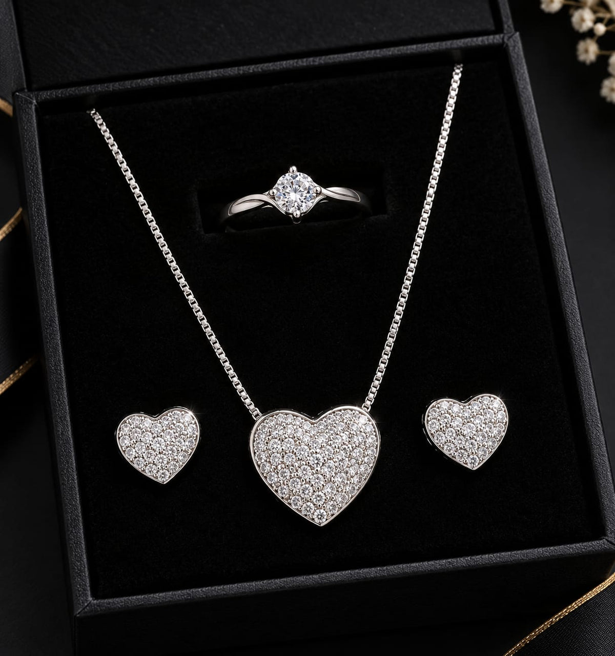 Elegant Silver-Tone Heart Jewelry Set with Ring